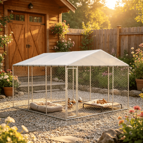 Outdoor Dog Kennel 13' X 13' X 6.5' Waterproof Roof Silver for Small to Medium Dogs with Comfortable Living Space